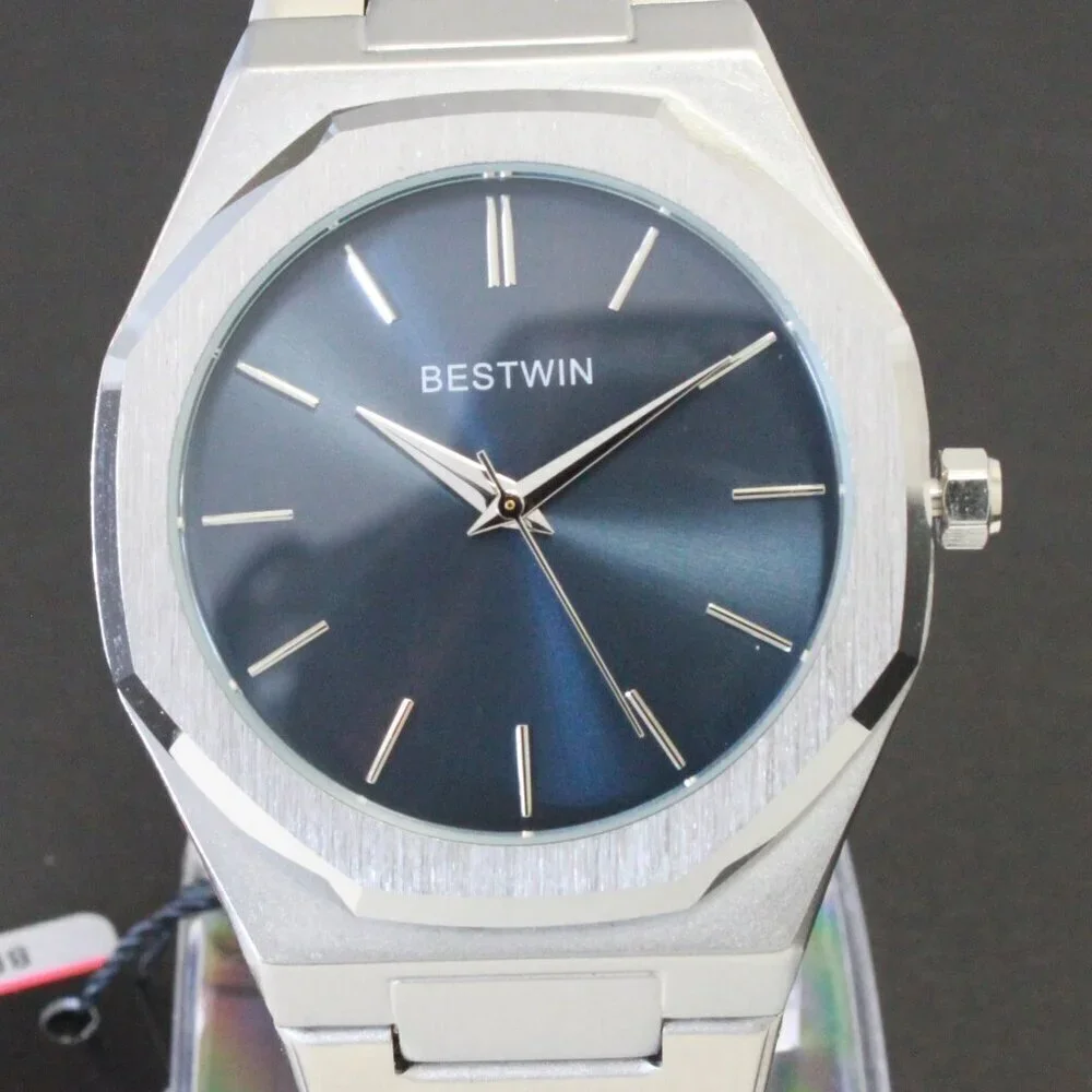 Men's Sports Watch Integrated Bracelet Silver Tone Blue Dial 41.5mm